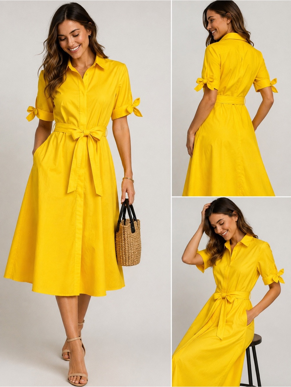 Calvin Klein Yellow Cotton Shirt Dress Size 4 NWT Belted Midi Dress